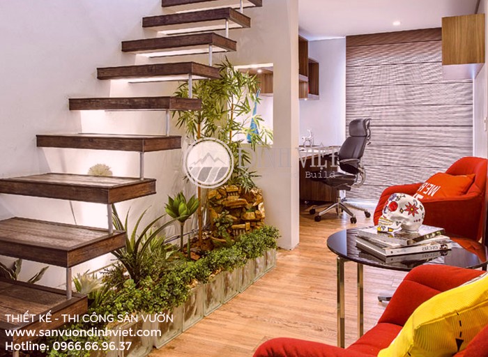Mẫu thiết kế thi công tiểu cảnh dưới chân cầu thang kết hợp không gian xanh Mẫu thiết kế thi công tiểu cảnh dưới chân cầu thang kết hợp không gian xanh