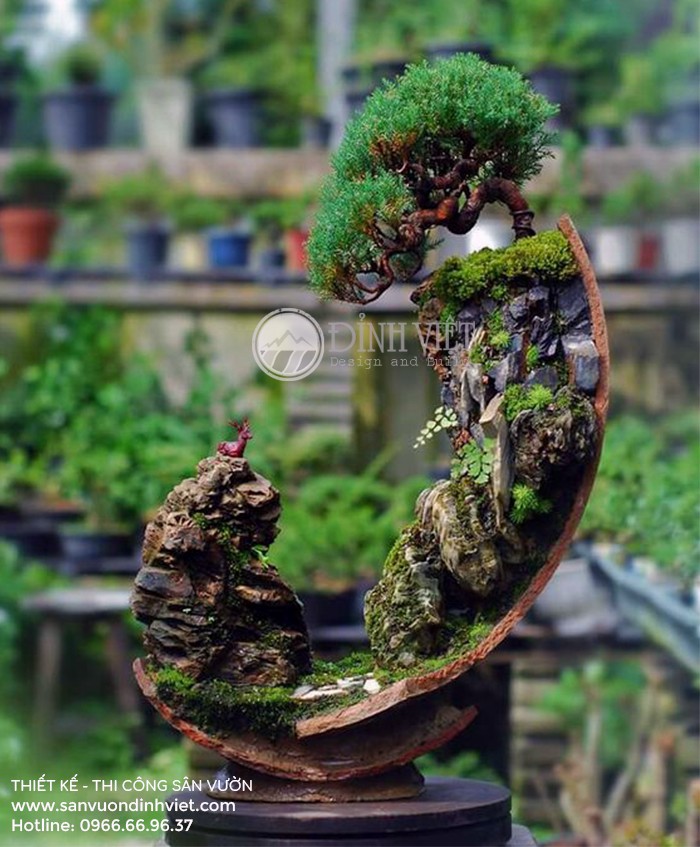 Tiểu cảnh gầm cầu thang nhà ống hiện đại đẹp Tiểu cảnh bonsai