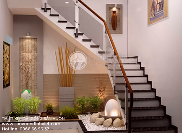 Tiểu cảnh gầm cầu thang nhà ống hiện đại đẹp Tiểu cảnh khô dưới gầm cầu thang